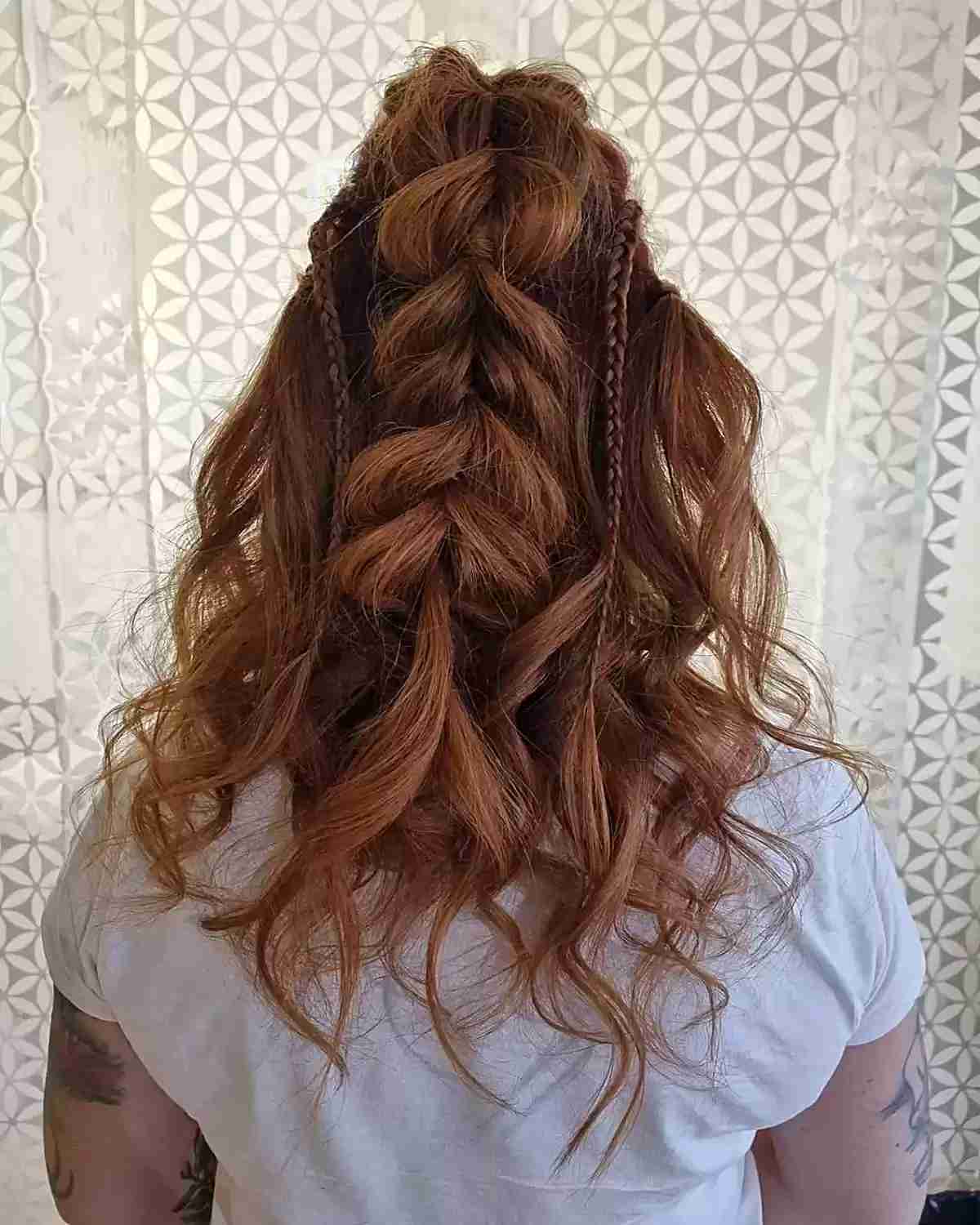 Viking Half Pull-Through Braid with Messy Waves for Ladies' Medium Hair