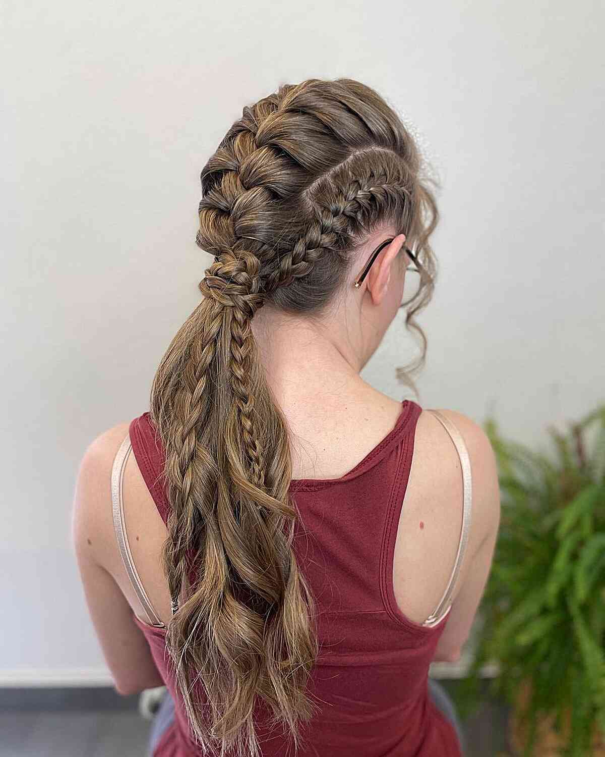 Viking Low Pony with French Braids for Long Brown Hair