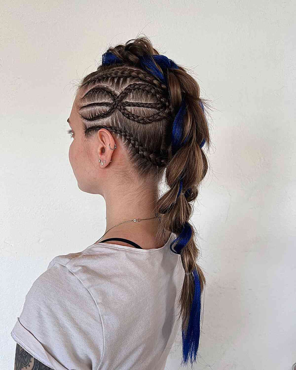 Mid-Long Viking Mohawk Braids with Blue Accent on Women