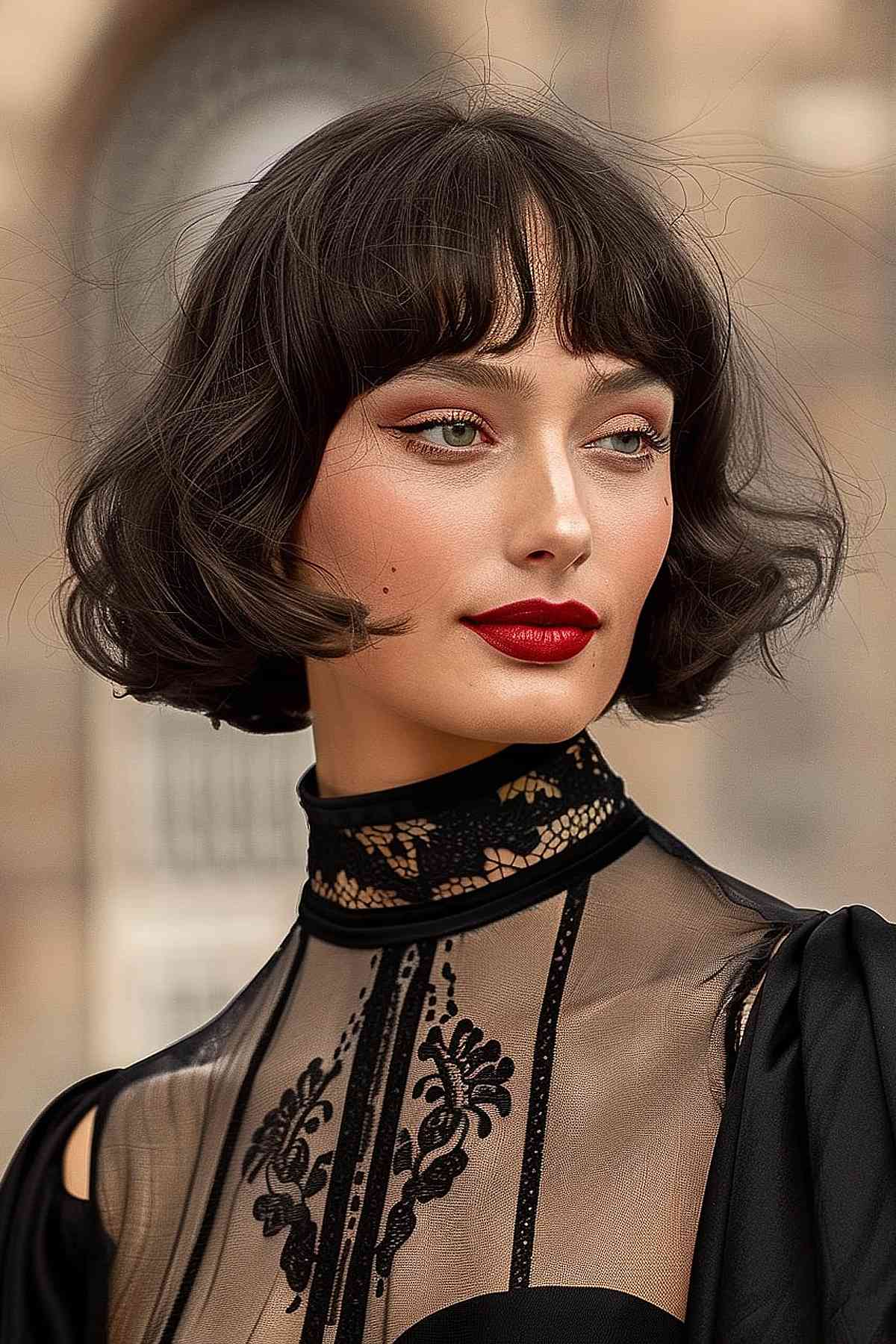 Vintage-inspired Chanel bob with soft waves and full eyebrow-grazing bangs.