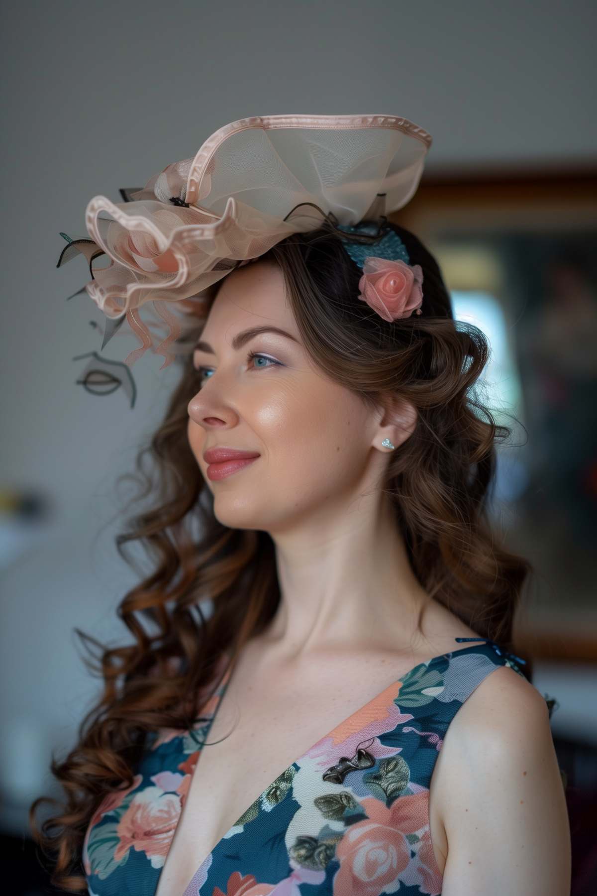 Woman with vintage curls and a fascinator, suitable for formal events