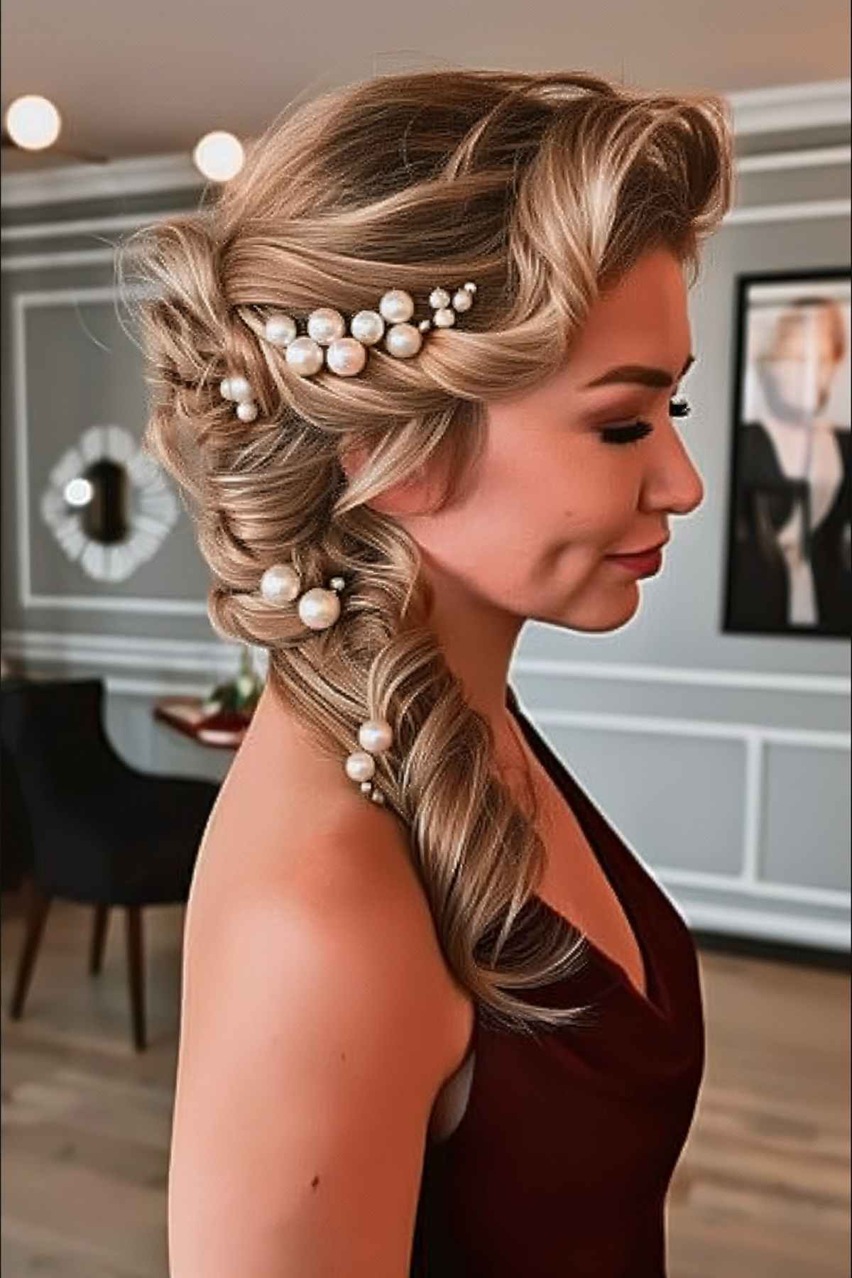 Elegant side-swept vintage curls adorned with pearl clips, creating a glamorous and textured hairstyle for a special event.