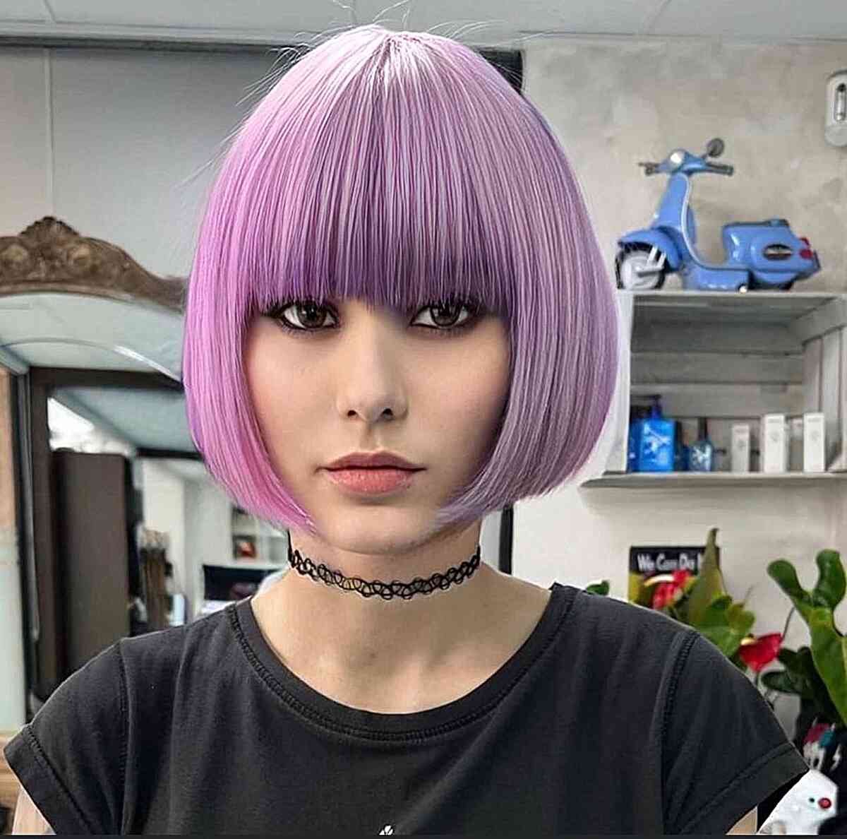 Violet-Purple Chin-Length Bob with Bangs and Face-Framing