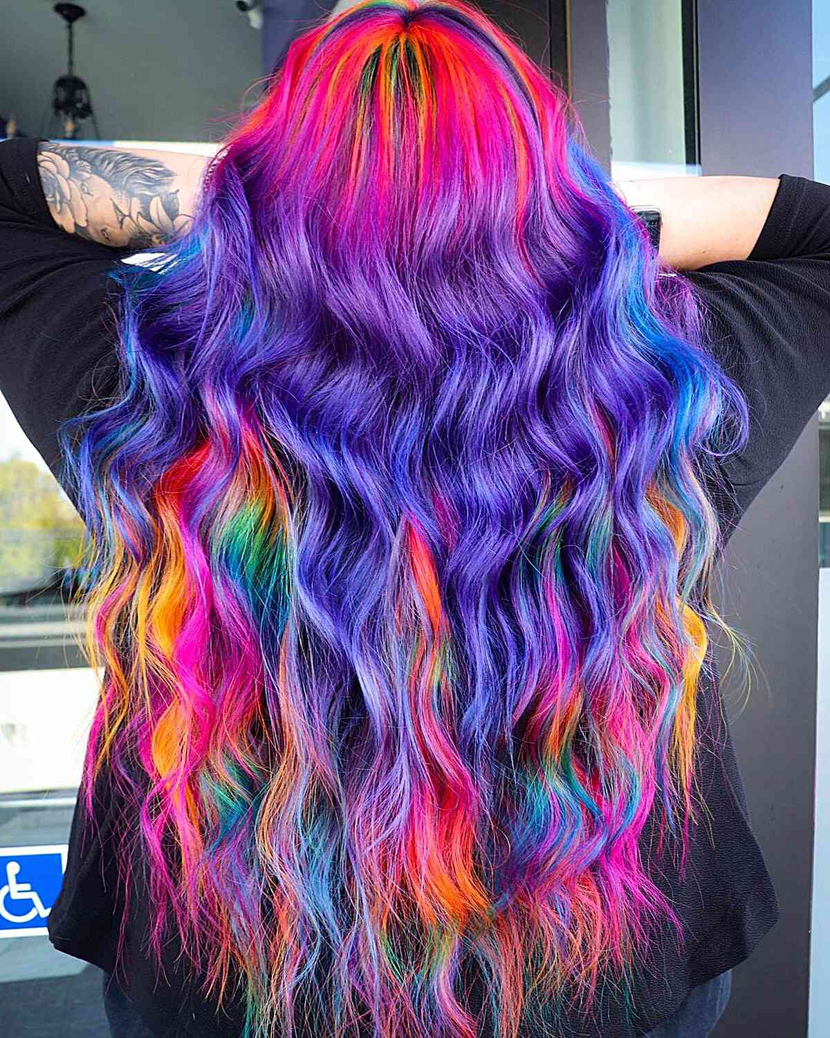 Vivid and Vibrant Mix of Rainbow Colored Hair on long wavy tresses