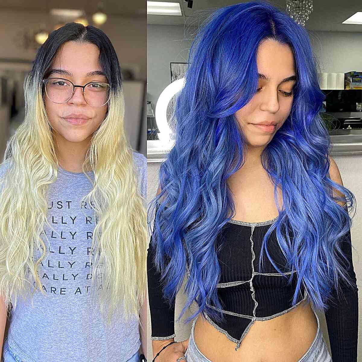 Vivid Hair Transformation Blue Balayage for long wavy hair and a middle part