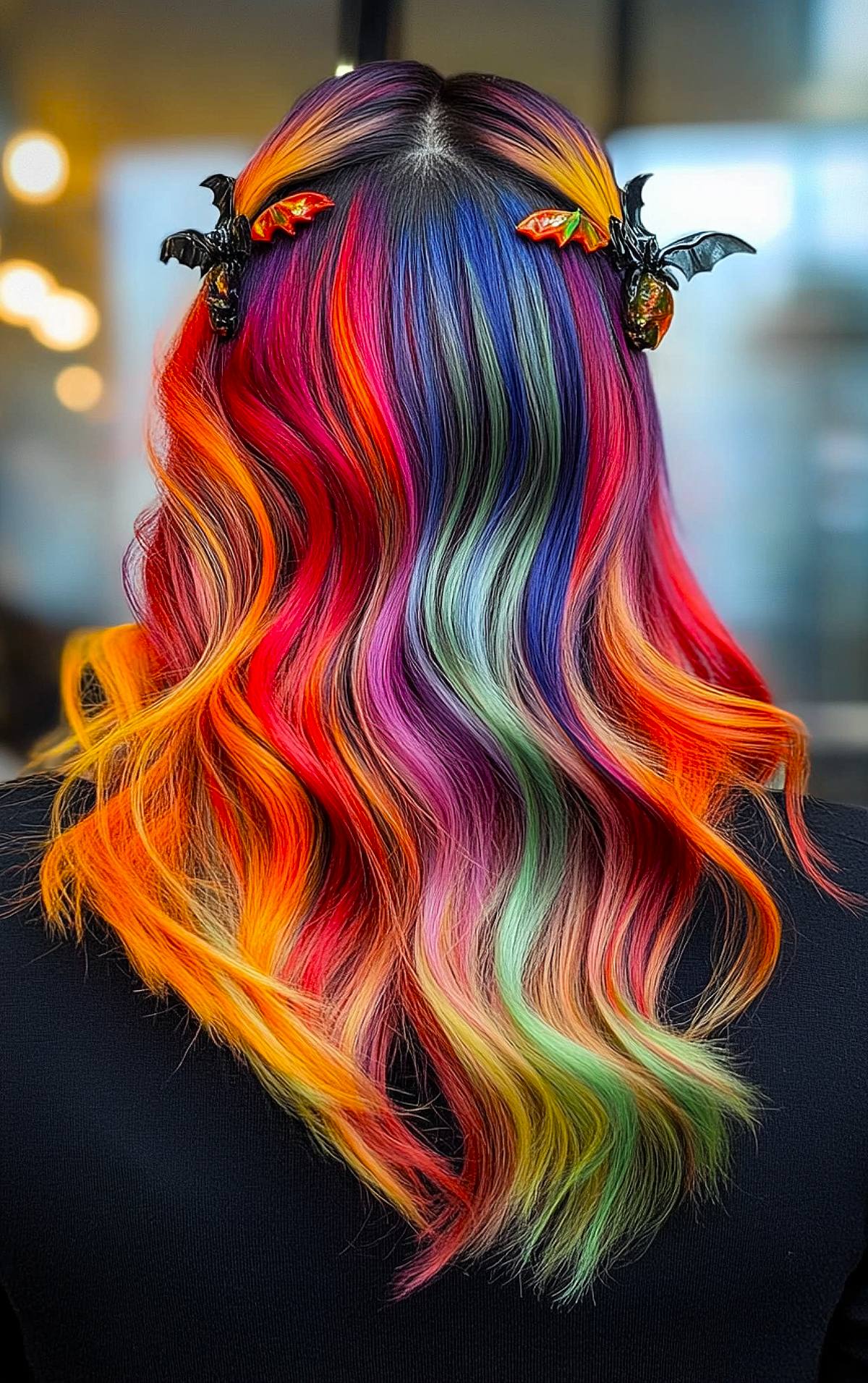 Rainbow hair with bright colors, styled with bat-shaped clips for Halloween