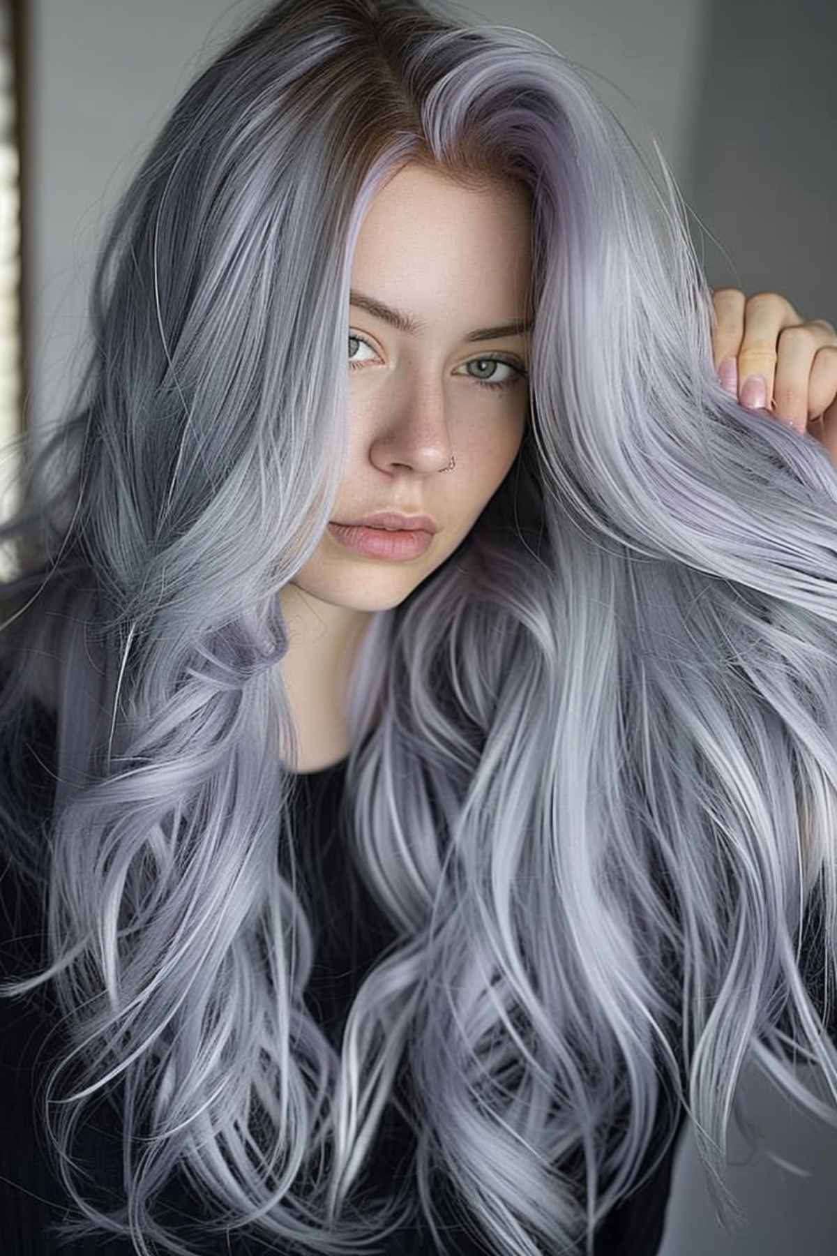 Long wavy vivid lavender silver hair color