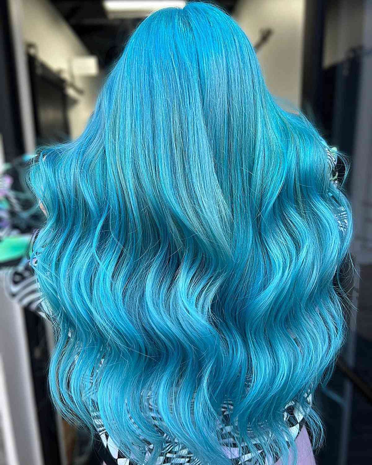 Vivid Light Blue Balayage Hair with Waist-Length Waves