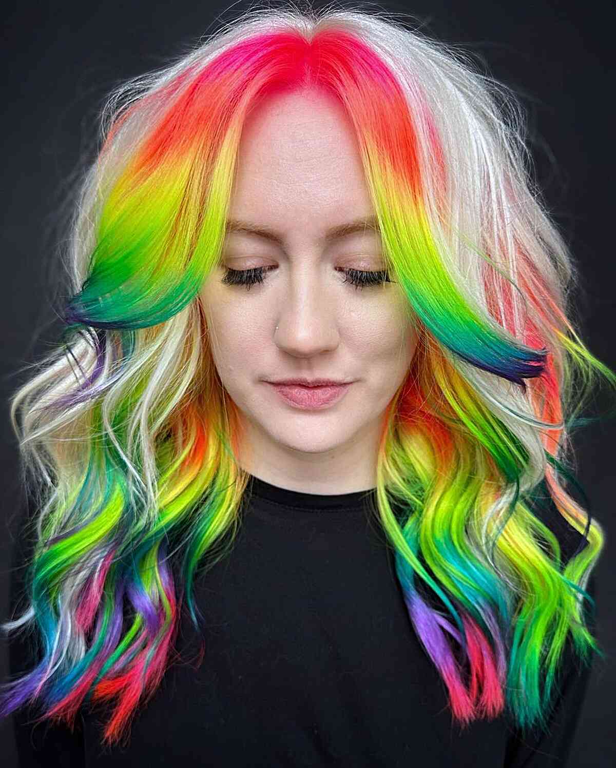 Vivid White Hair with Rainbow Highlights and Money Piece
