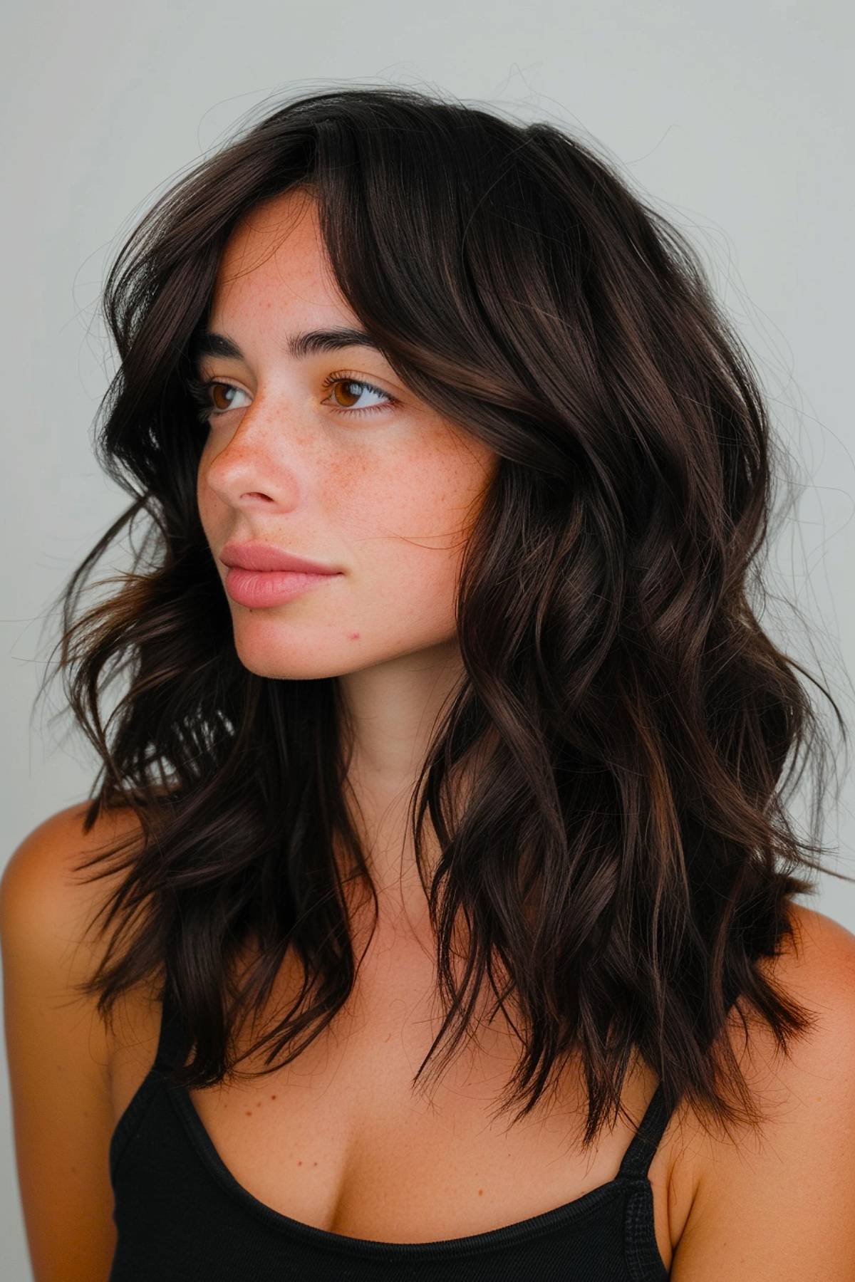 Medium-length layered haircut with soft waves and curtain bangs