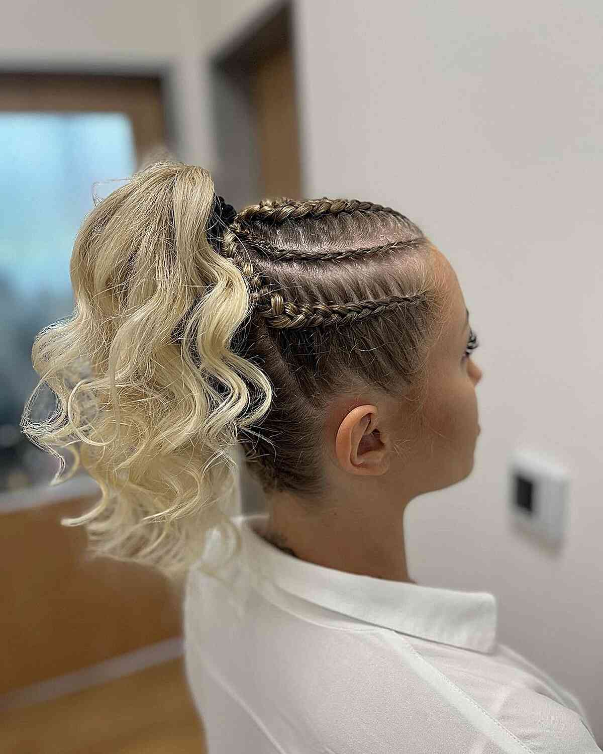 Volleyball High Ponytail Updo with Scalp Braids