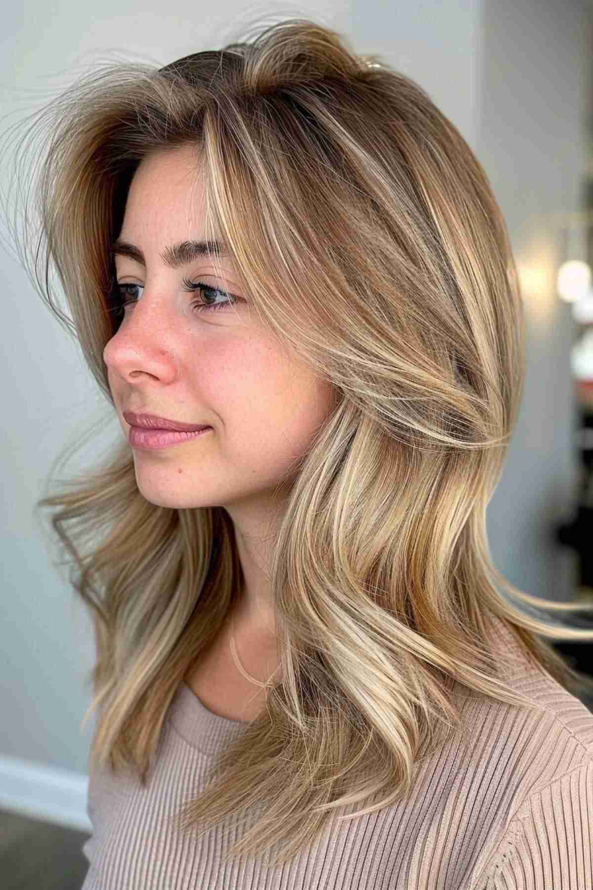 Blowout hairstyle adding volume and lift to thin hair