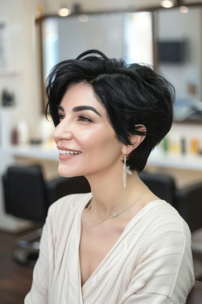 a Stylish woman with voluminous black tousled wedge haircut