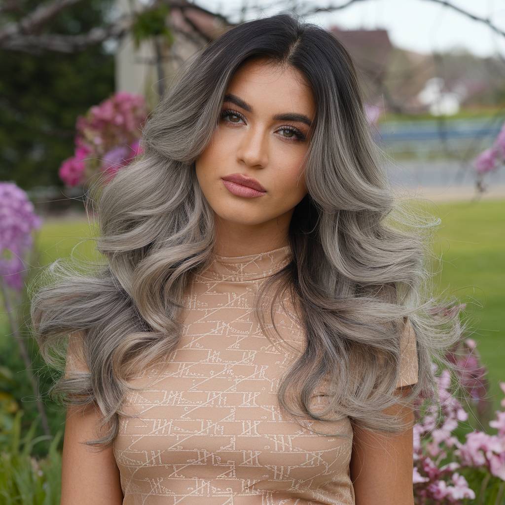 Big voluminous blowout with silver balayage, glamorous spring hairstyle idea