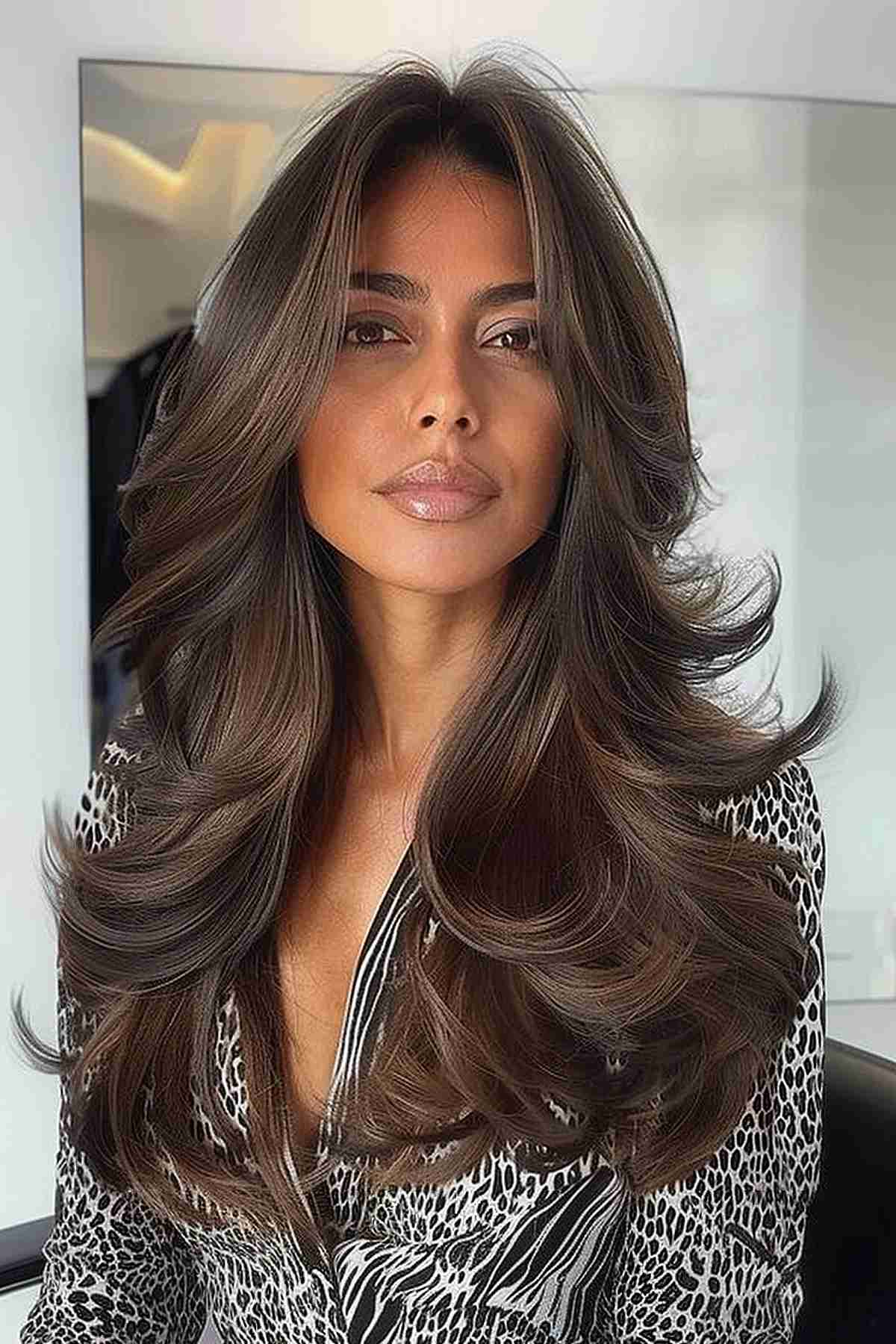 Woman with voluminous blowout long layered hair and bangs, styled for a glamorous look.