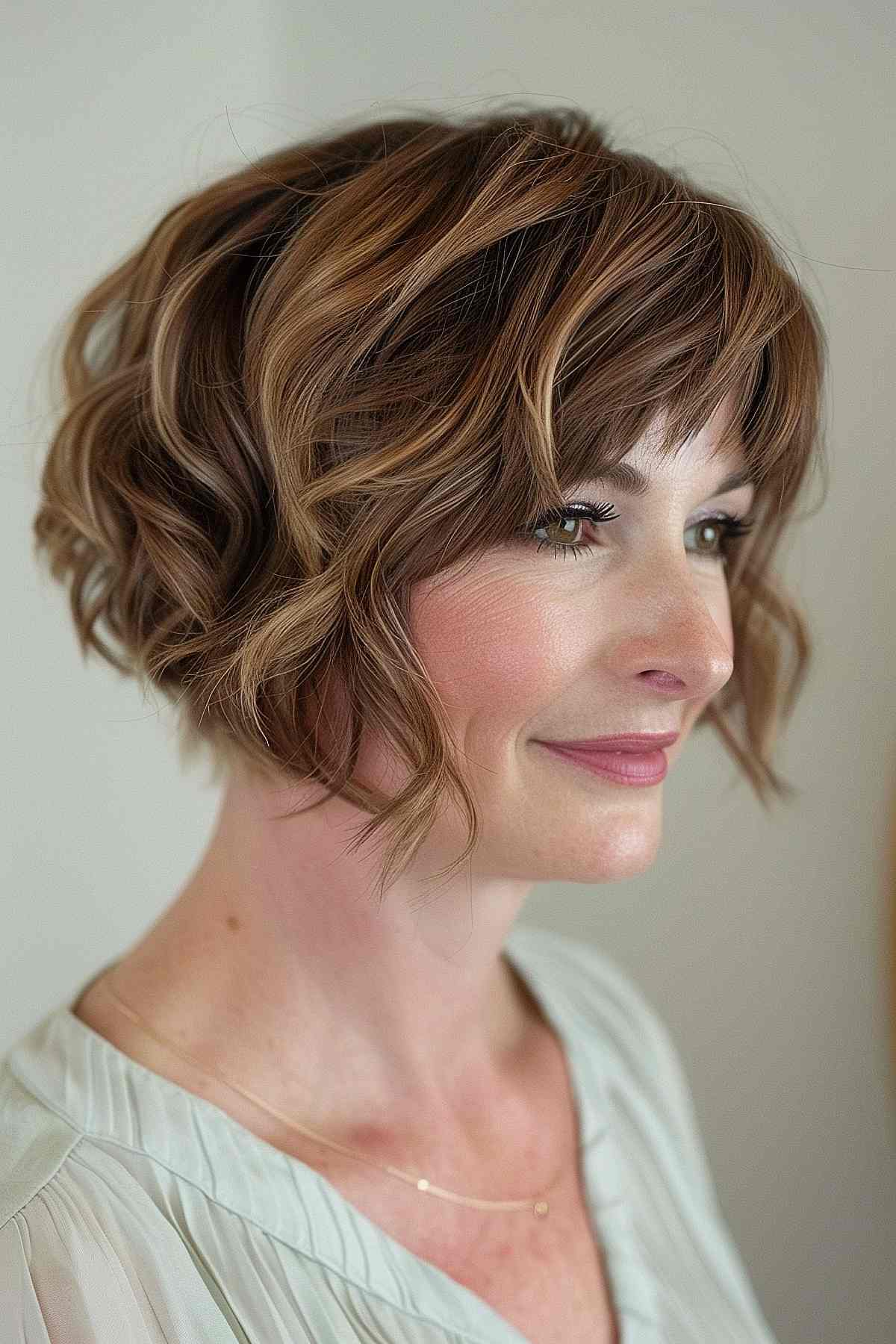 A voluminous chin-length bob with layers and thin bangs gives a youthful and playful look.