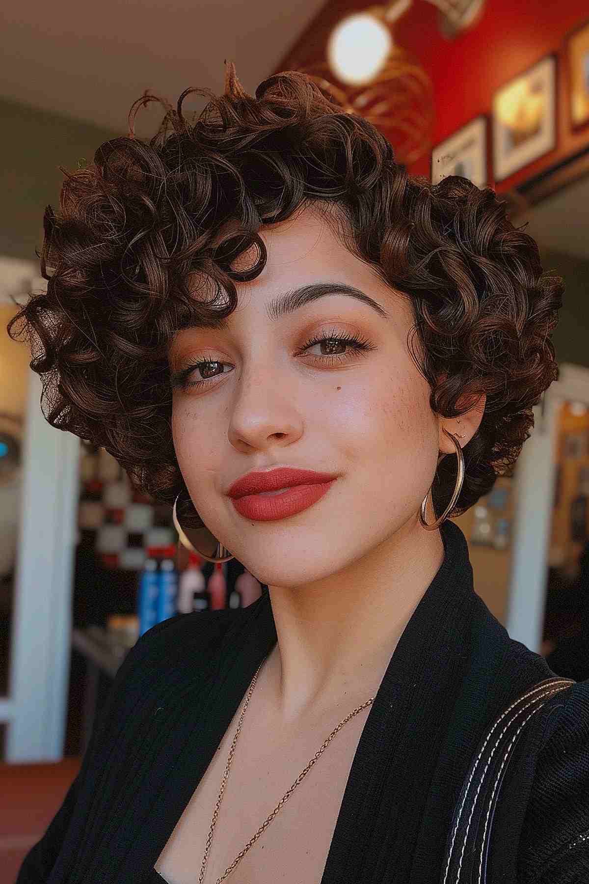 Voluminous curly bob with defined curls and tapered nape