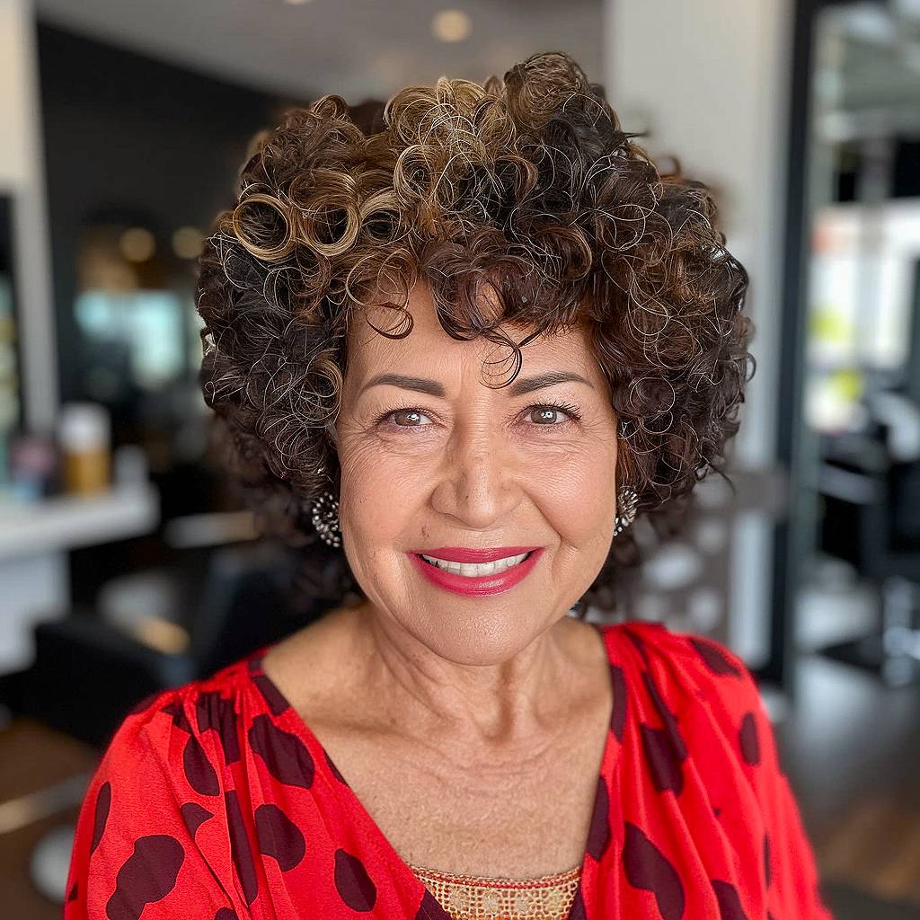 Voluminous curly shag for seniors with tight curls and blended layers