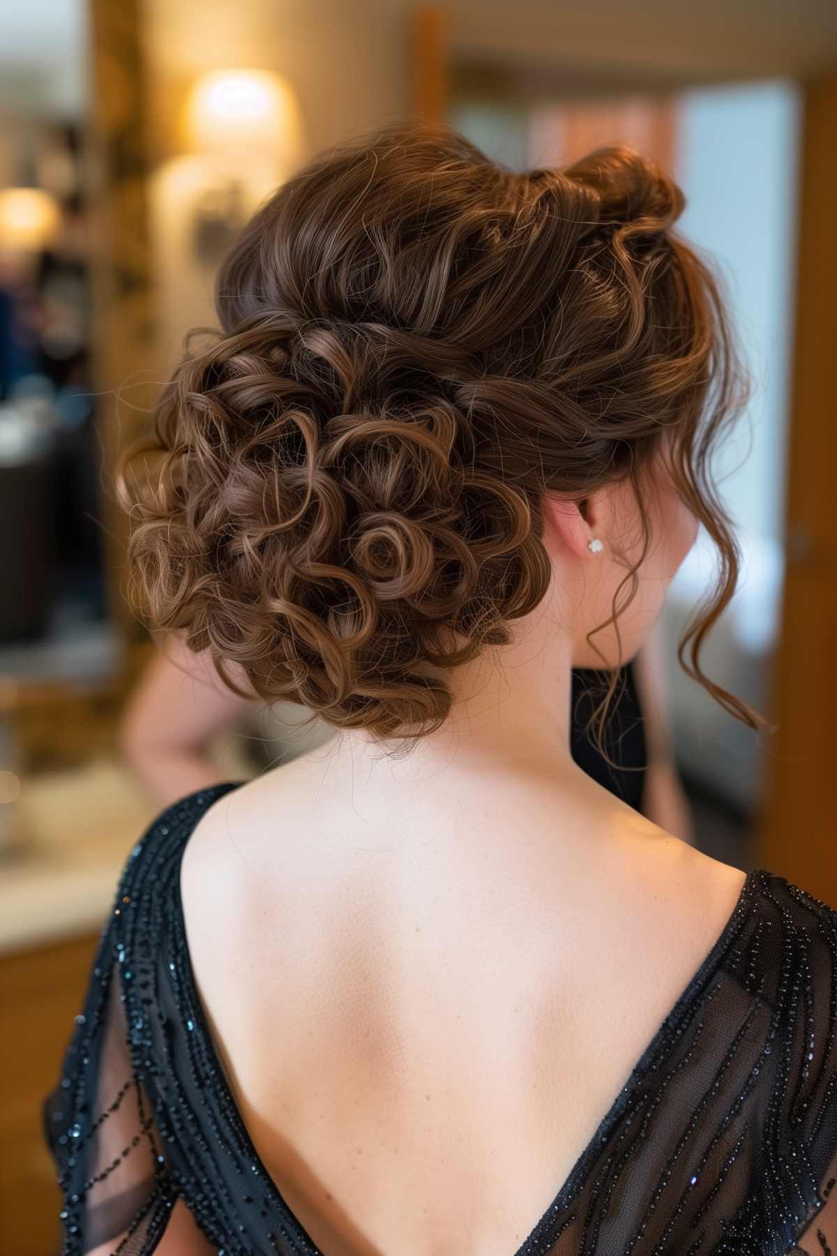 Curly updo with voluminous curls pinned into a low bun for formal events