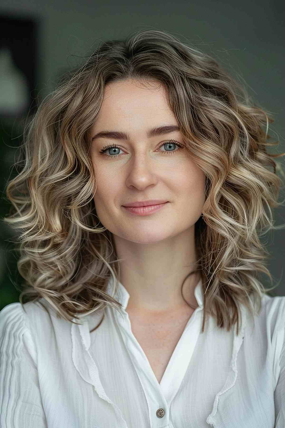 Woman with shoulder-length hair styled in voluminous curls, achieved through a digital perm