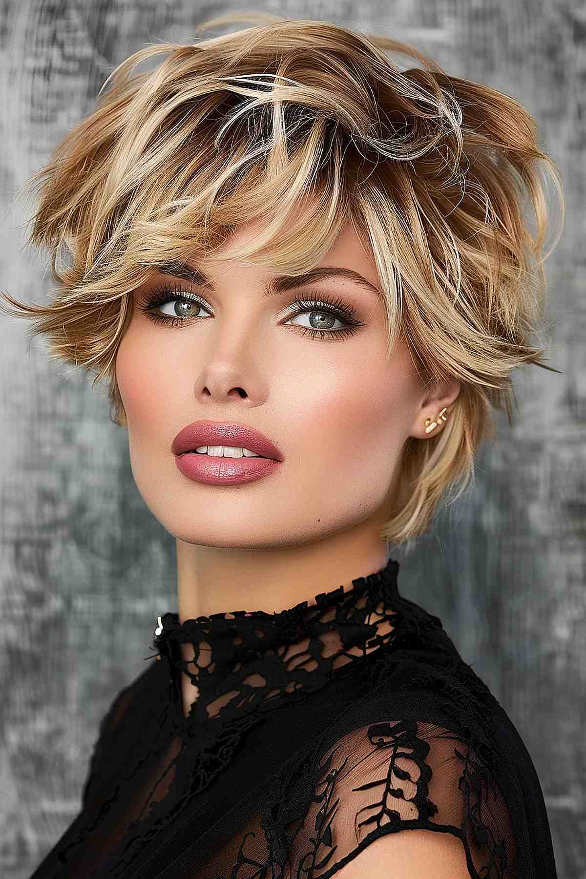 Voluminous elf crop haircut with blonde highlights and brunette base, featuring full, bouncy layers.