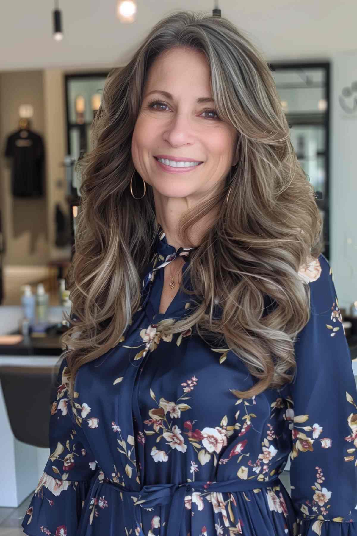 Woman over 40 with voluminous layered waves hairstyle