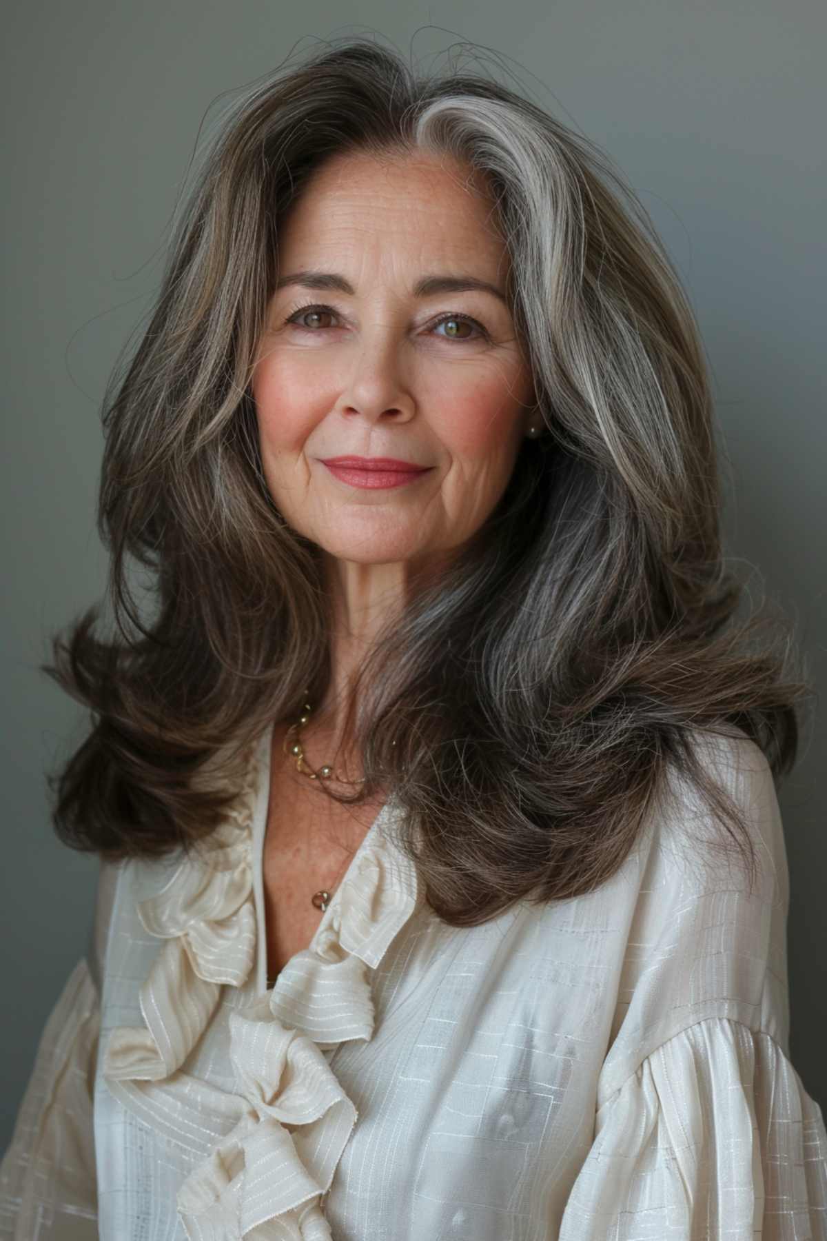 Woman with voluminous layers for thick hair, featuring long layers and natural gray highlights