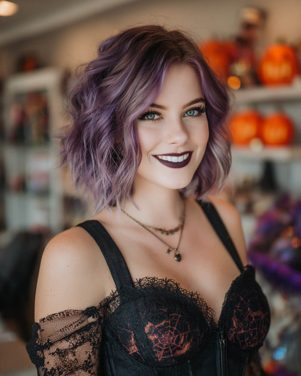 Lilac wavy bob with tousled texture, playful Halloween hairstyle with volume