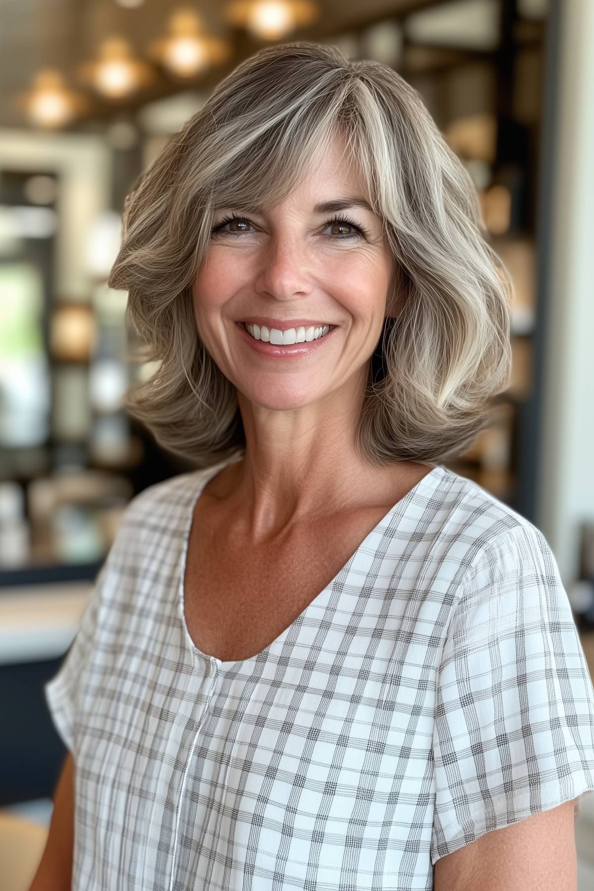 Mature woman with a voluminous lob and side bangs, featuring natural grey highlights