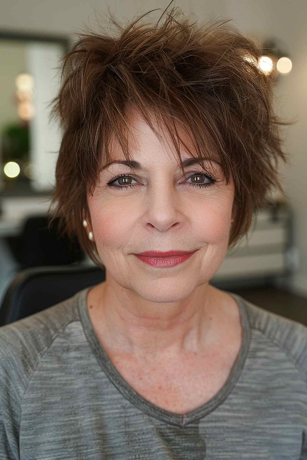 Woman with a voluminous messy pixie cut, choppy layers, and textured look