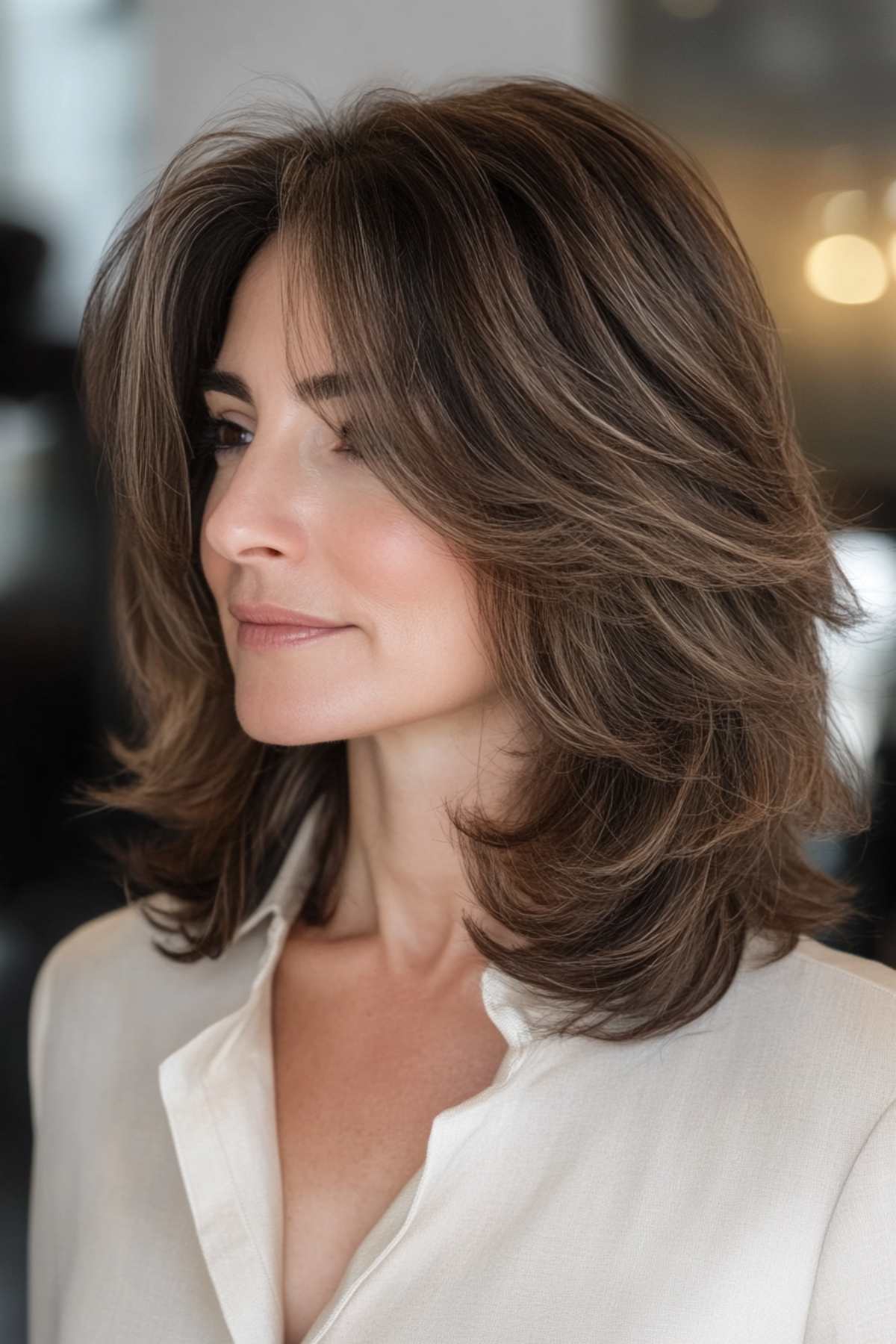 Voluminous medium-length layered cut with face-framing layers and subtle highlights