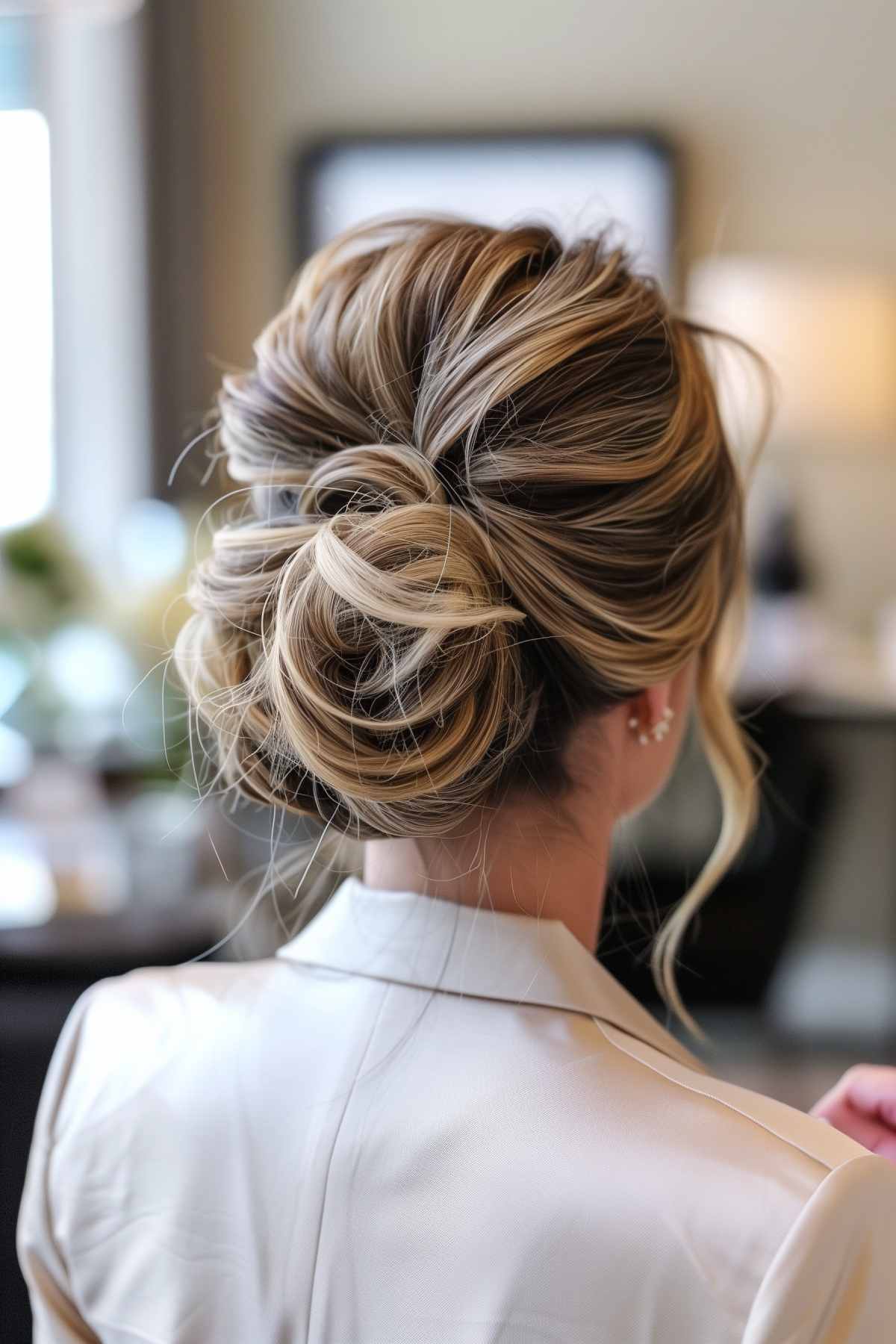 Voluminous messy bun with soft twists and loose strands