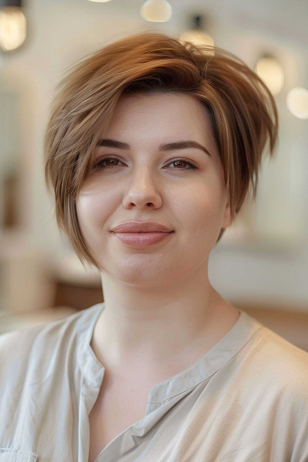 Voluminous pixie cut for thin hair on woman with side-swept bangs