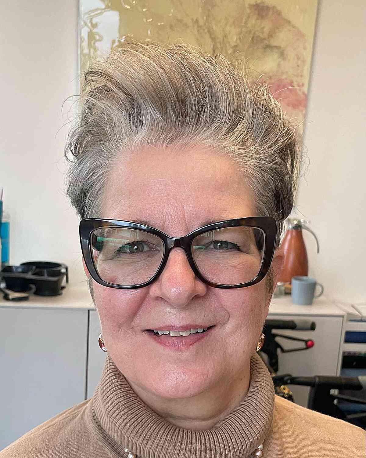 Voluminous Pompadour for 50-Year-Old Ladies with Fuller Face Shapes, Fine Hair and Glasses