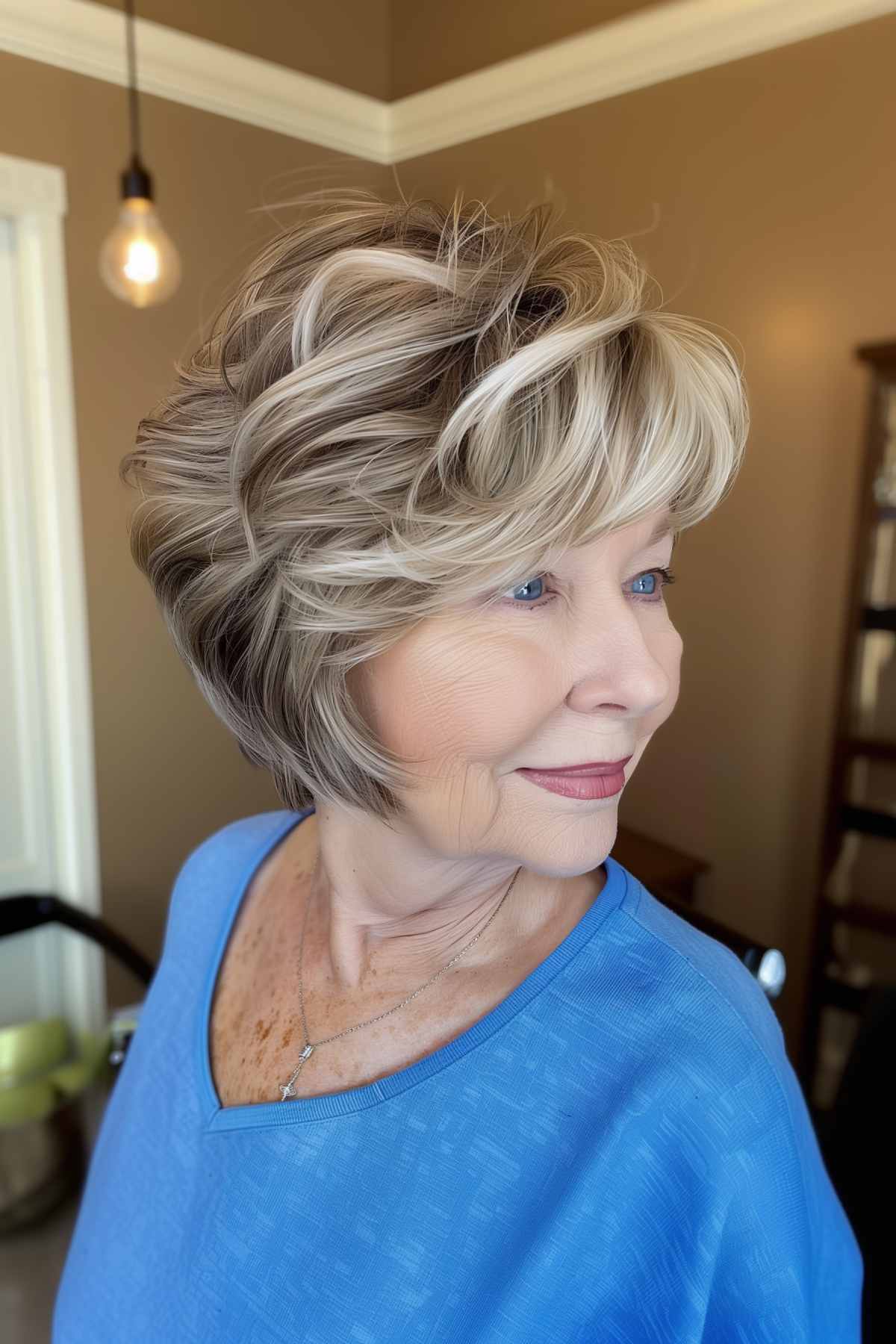 The woman sported a sleek, voluminous cut with feathery layers and honey blonde highlights.