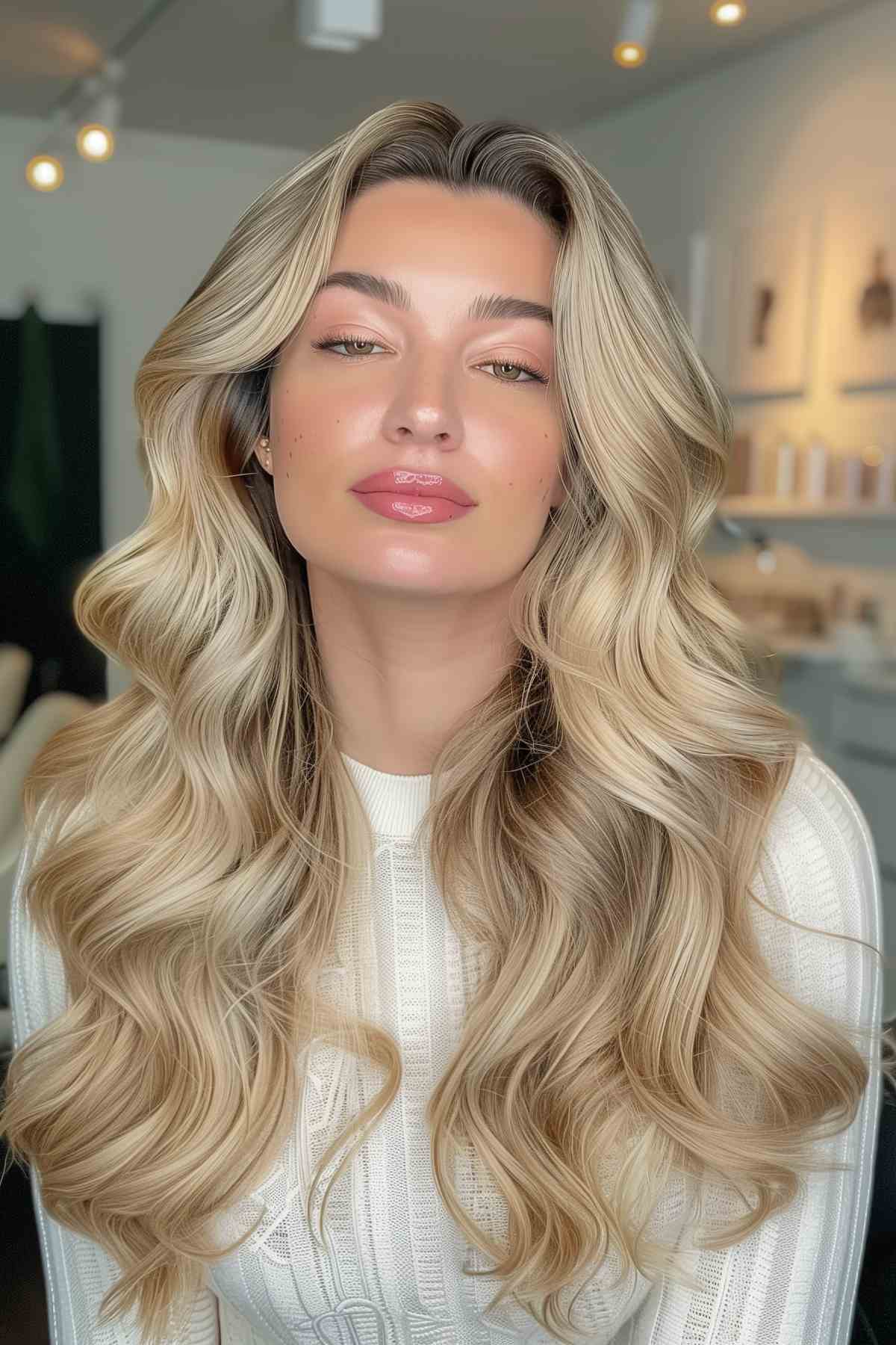 Woman with voluminous waves and a middle part hairstyle