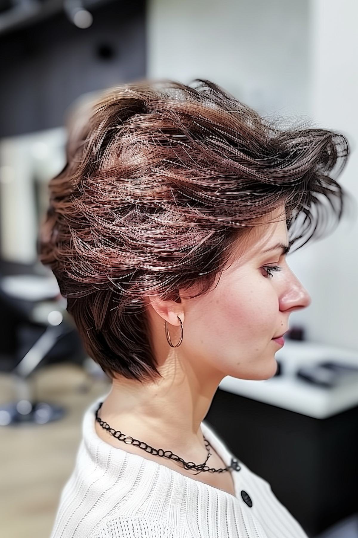 Woman with voluminous windswept layered haircut and multi-tonal highlights