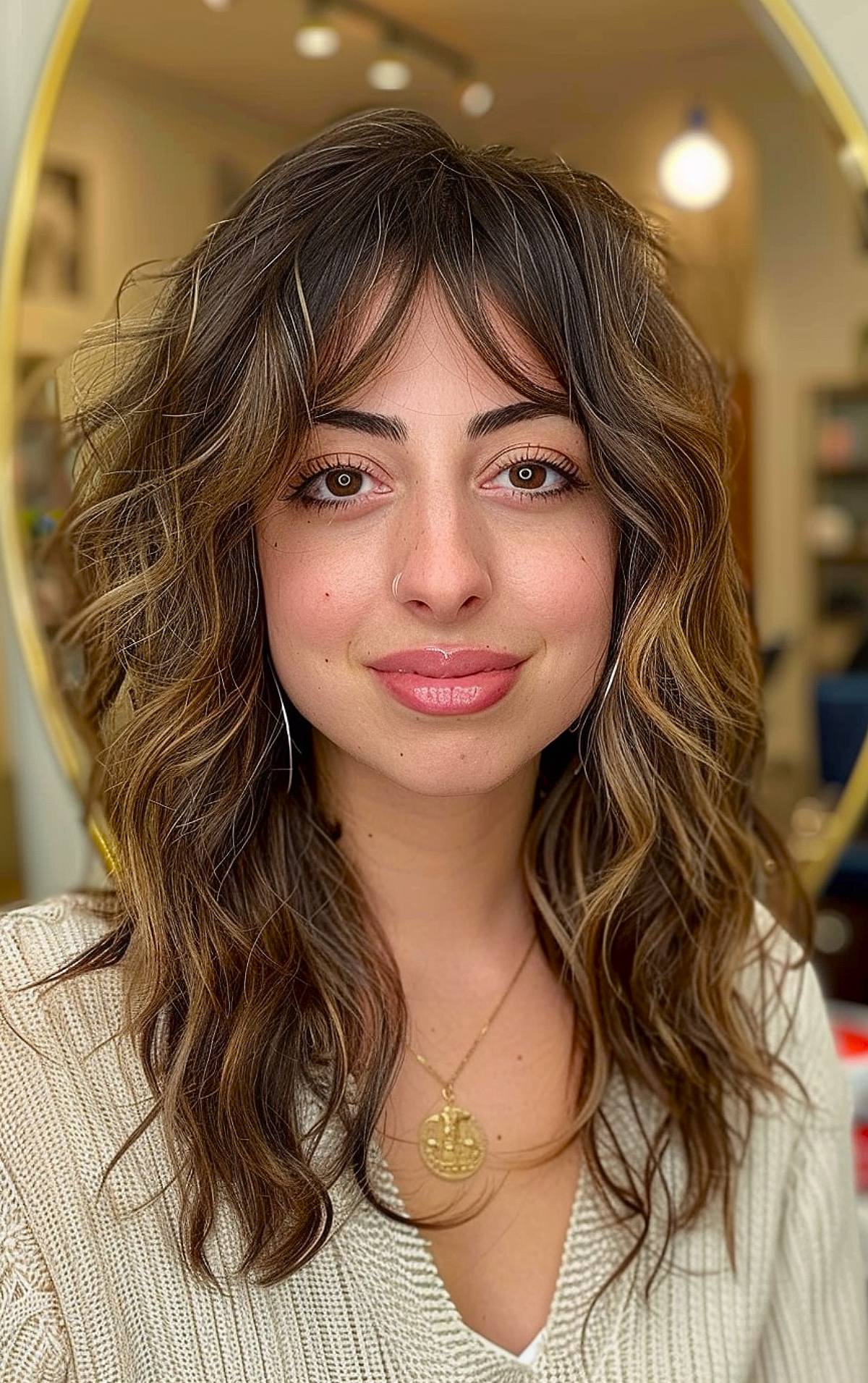 Wolf cut for thick wavy hair with choppy layers and wispy bangs