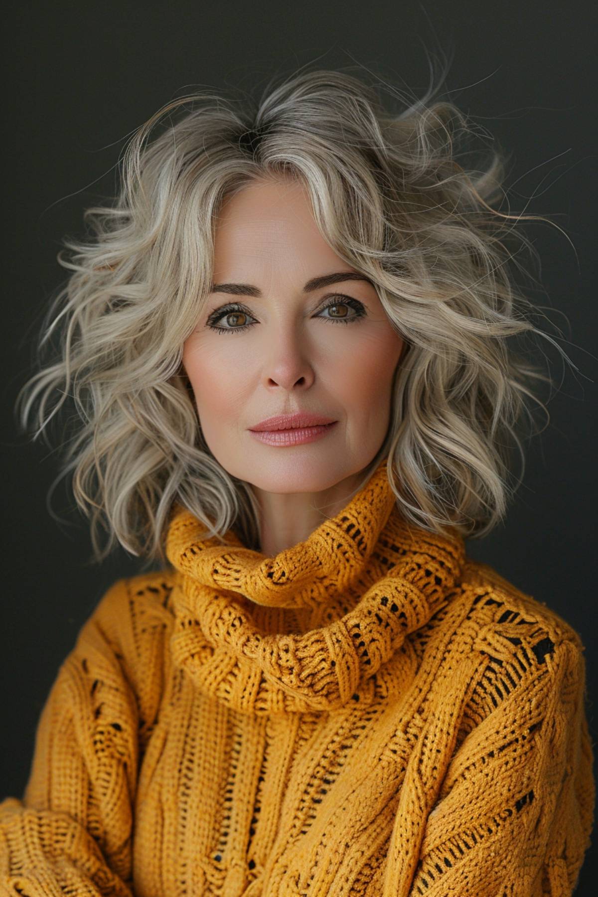 Woman over 50 with short hairstyle and volumizing curtain bangs, offering a youthful and manageable look.