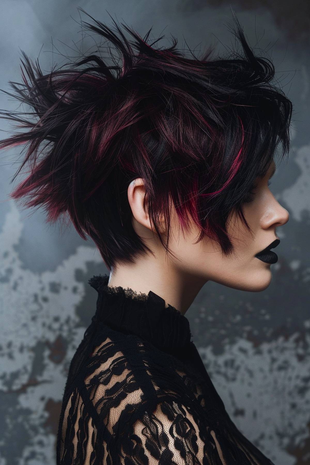 Vortex cut with asymmetrical spiky layers and bold burgundy highlights for thick hair