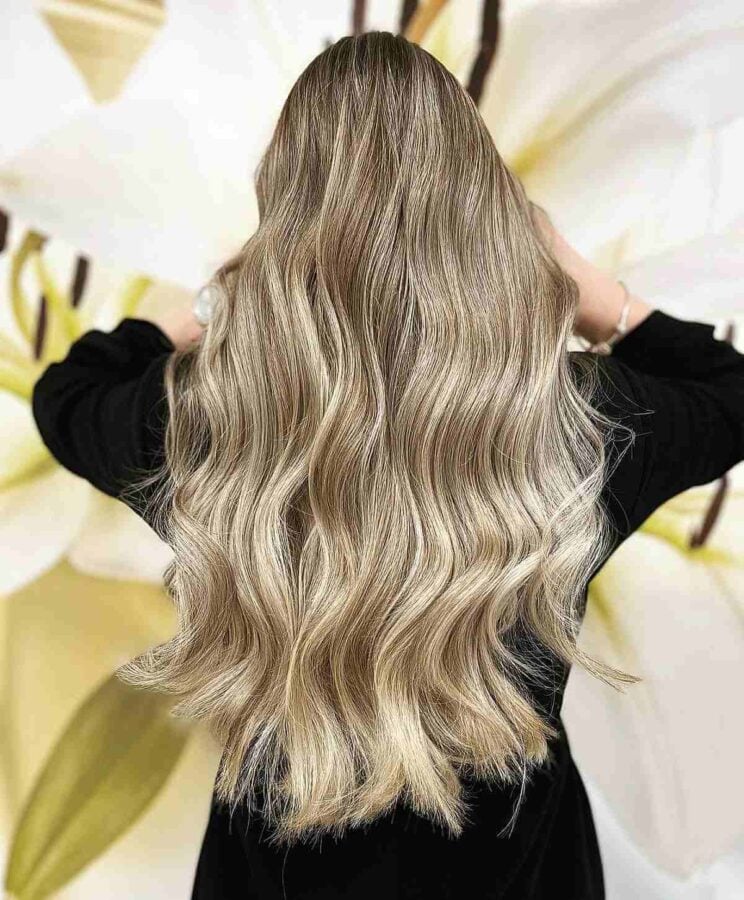 Waist Length Brunette Hair With Light Blonde Highlights 744x900 