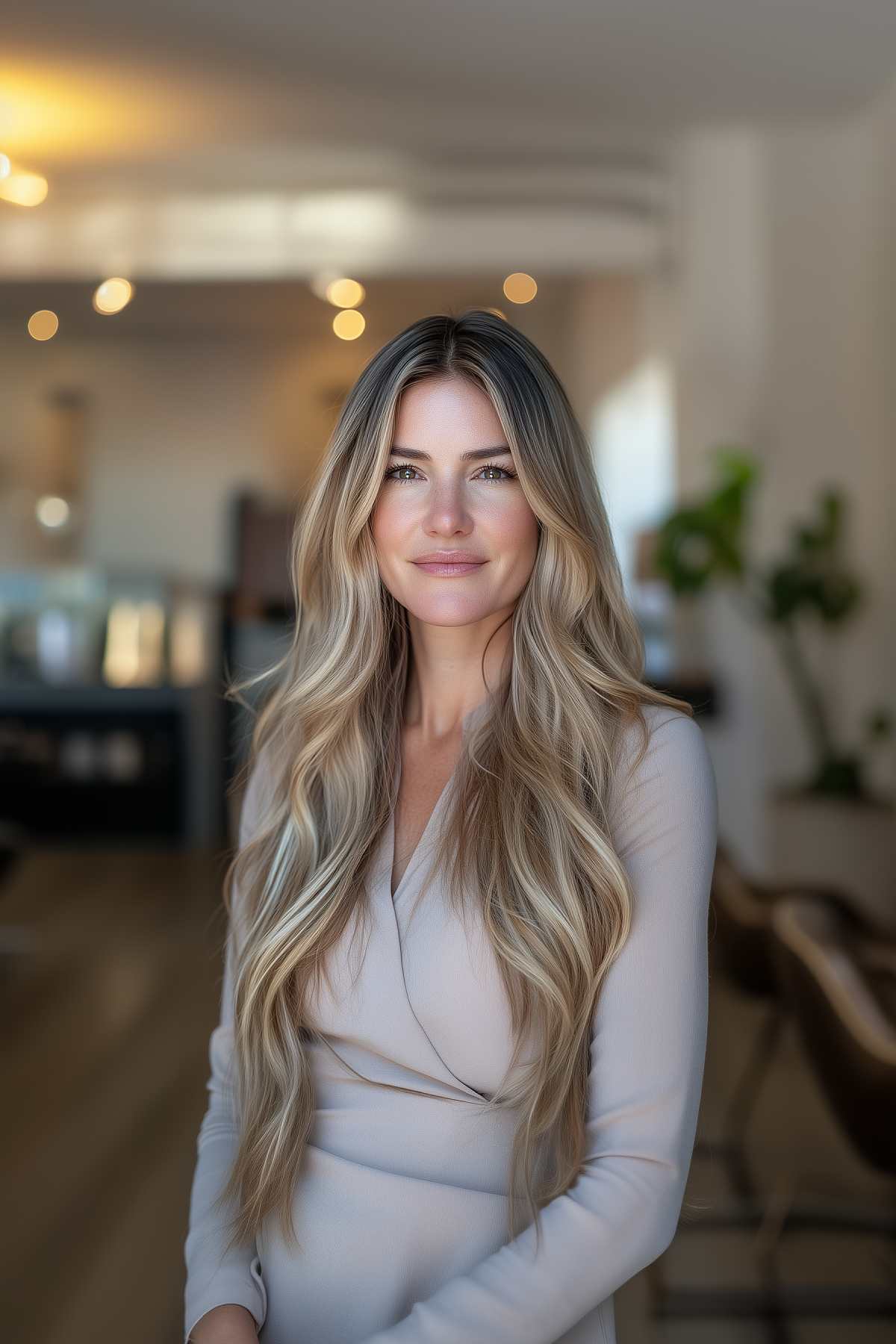 Waist-length blonde hair with choppy layers and soft balayage highlights for a sun-kissed look