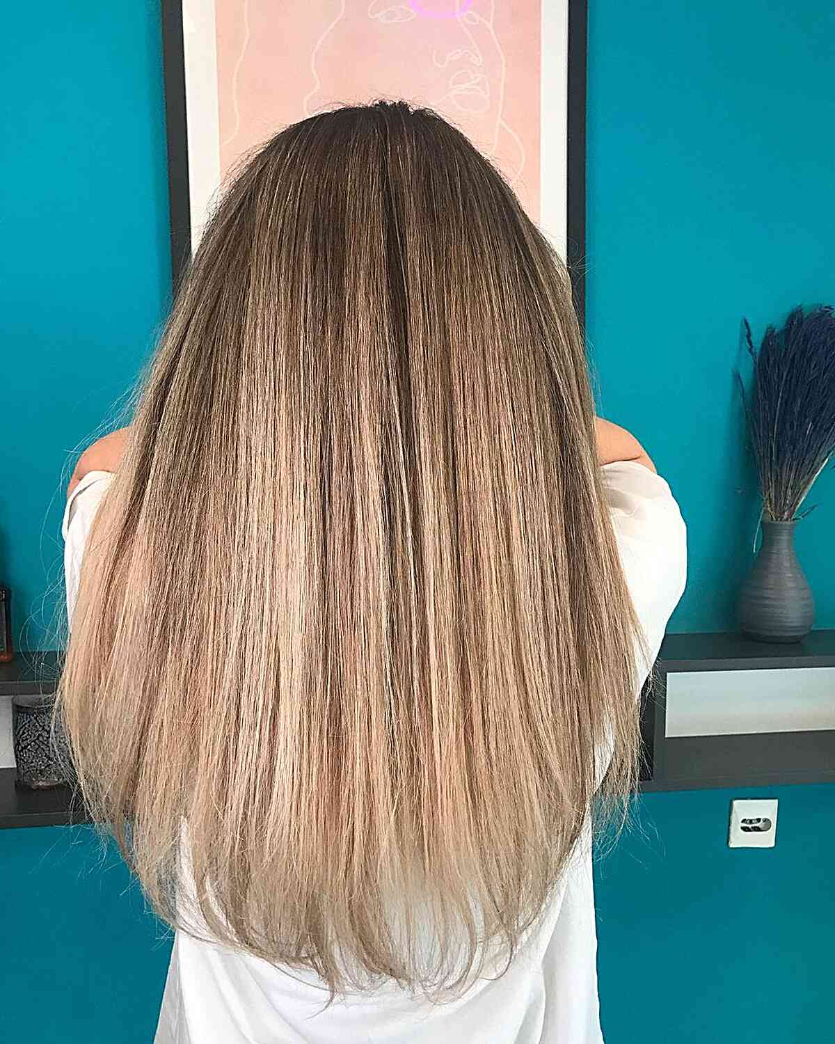 Warm Ash Blonde Balayage and Brown Roots for Long Straight Hair