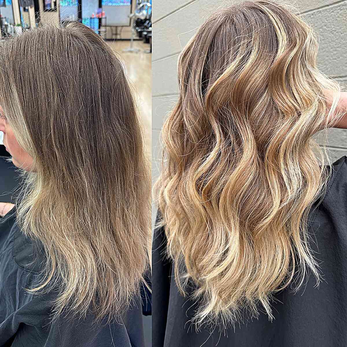 Warm Blonde Balayage Waves on Medium-Length Brown Hair