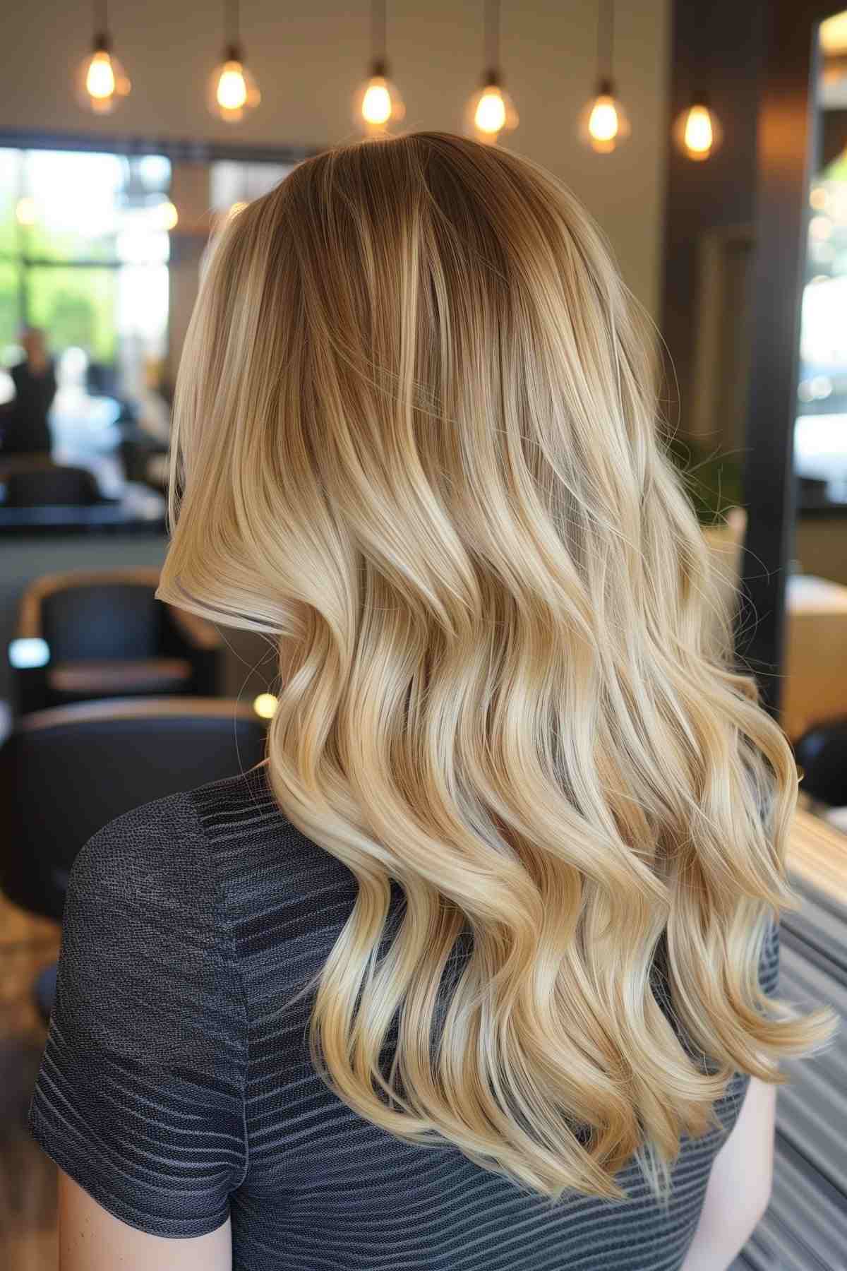 Back view of warm blonde waves with soft tones