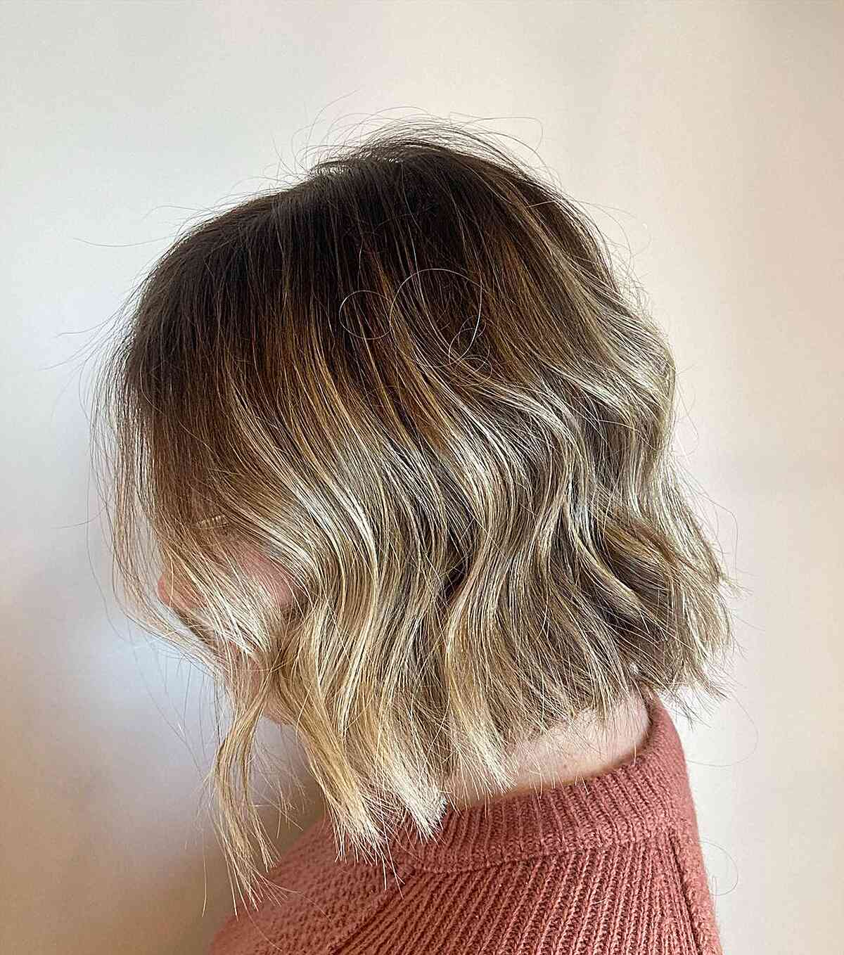 Warm Bronde Balayage Babylights with Shadow Root on Neck-Length Hair