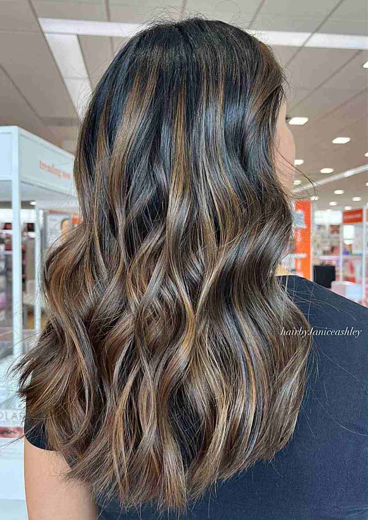 Warm Brown Ombre Balayage on Mid-Long Black Hair