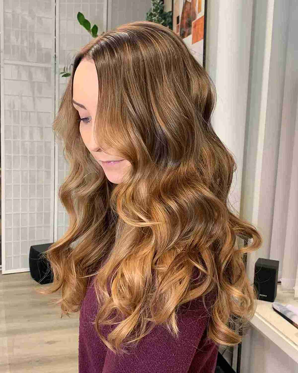 Warm Caramel Blonde Balayage Waves with Highlights on Long-Length Dark Brown Hair