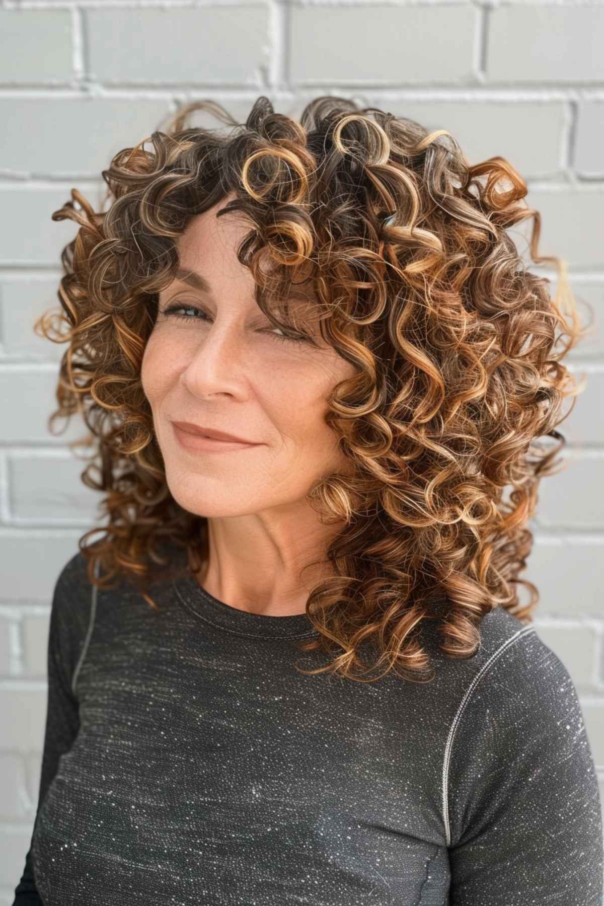 Shoulder-length curly hair with warm caramel highlights, great for medium to thick hair types