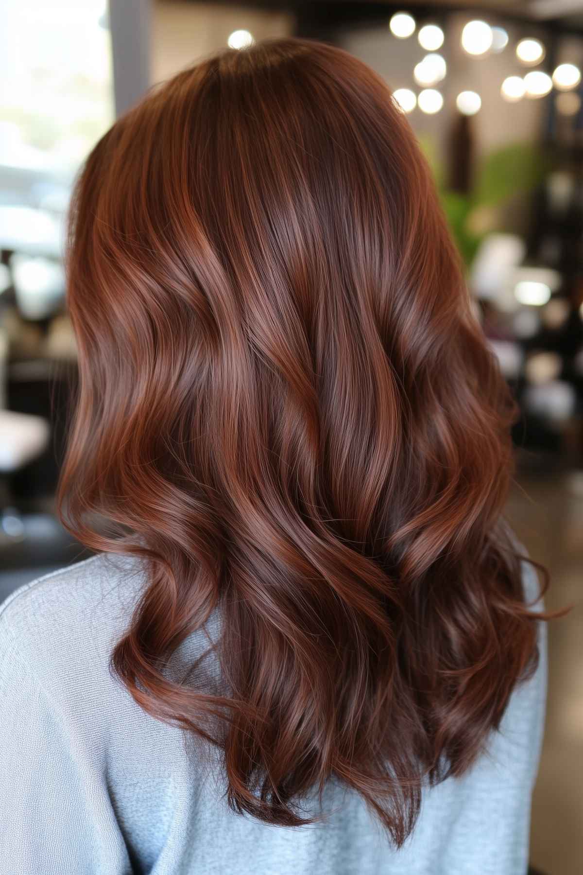 Warm cinnamon brunette fall hair color with copper accents